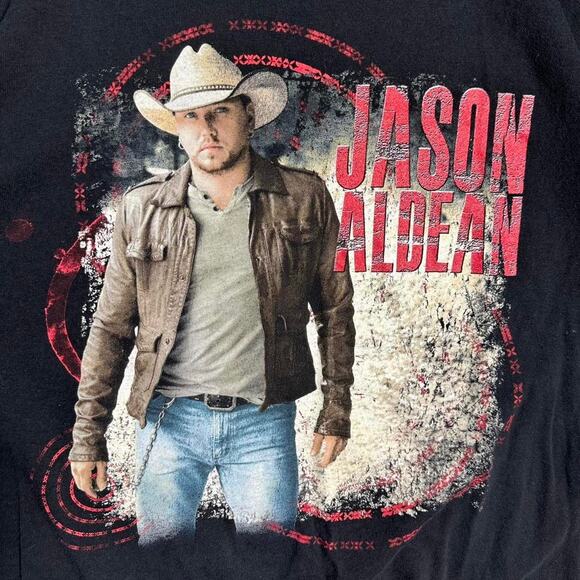 2012 Jason Aldean Tour Tee Mens Large Black Red AOP Band Tee Country Music Shirt - Picture 2 of 2